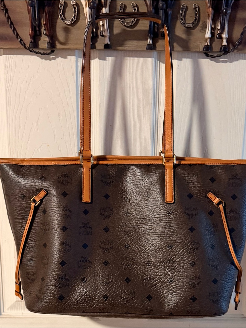 MCM Dark Brown Logo Tote with Tan Trim and Straps - Picture 2 of 8